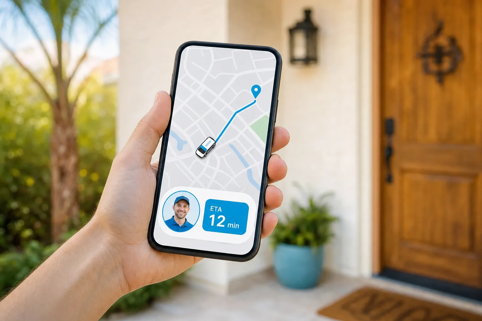 A homeowner's phone showing the Waves live tracking screen with the service truck approaching and the technician's ETA