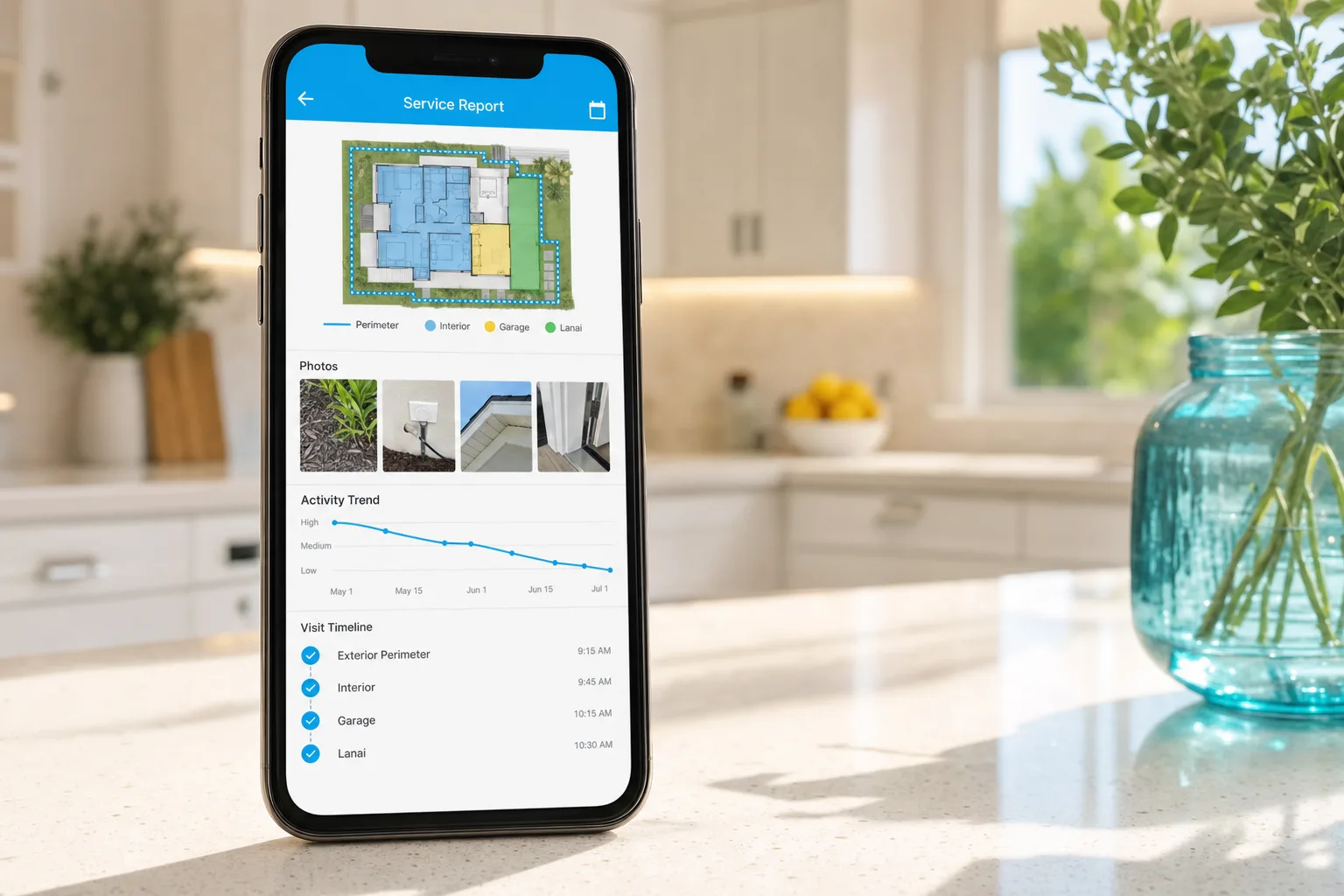 A phone displaying the Waves post-service report with a property treatment map, field photos, and Pest Pressure Index trend