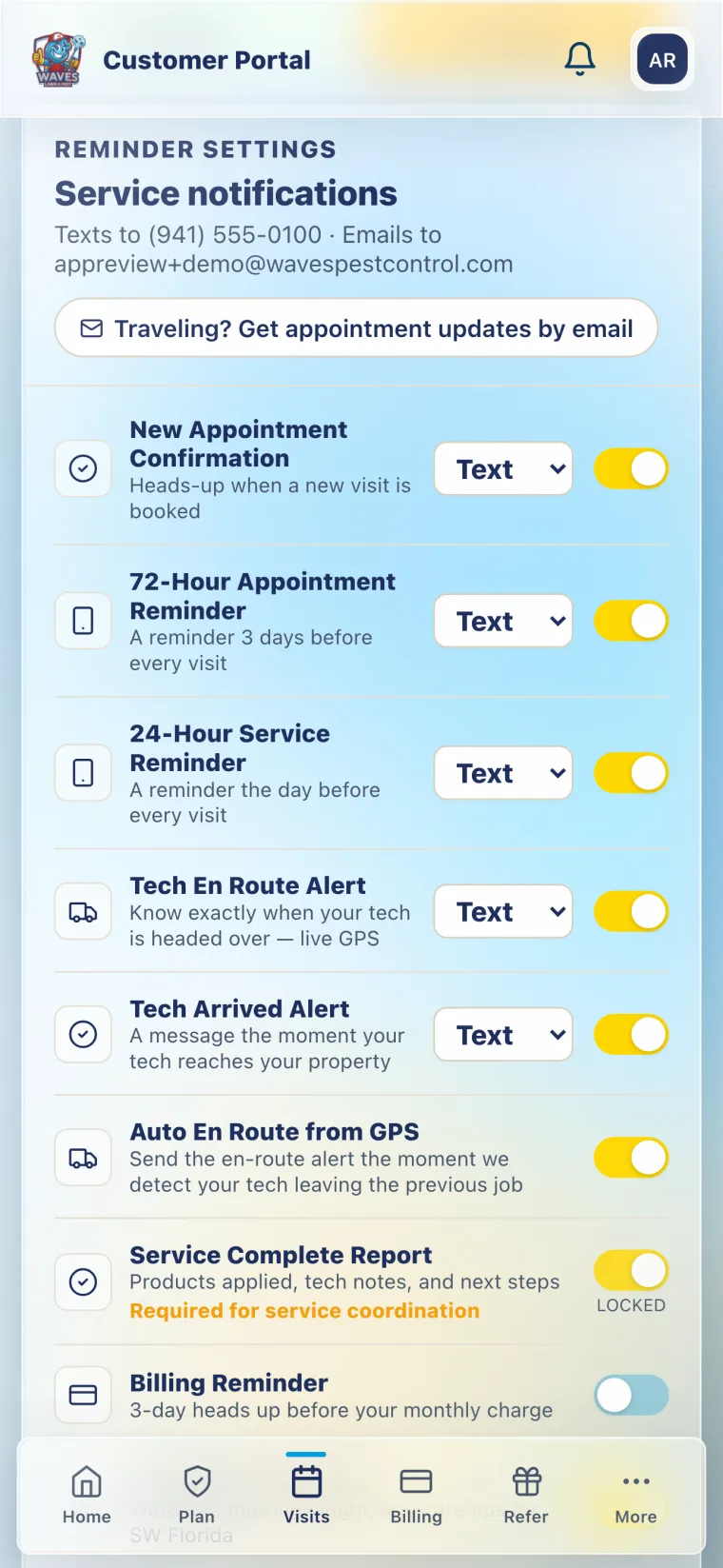 Waves app notification settings — set each alert to text, email, or both, including the live-GPS tech-en-route alert