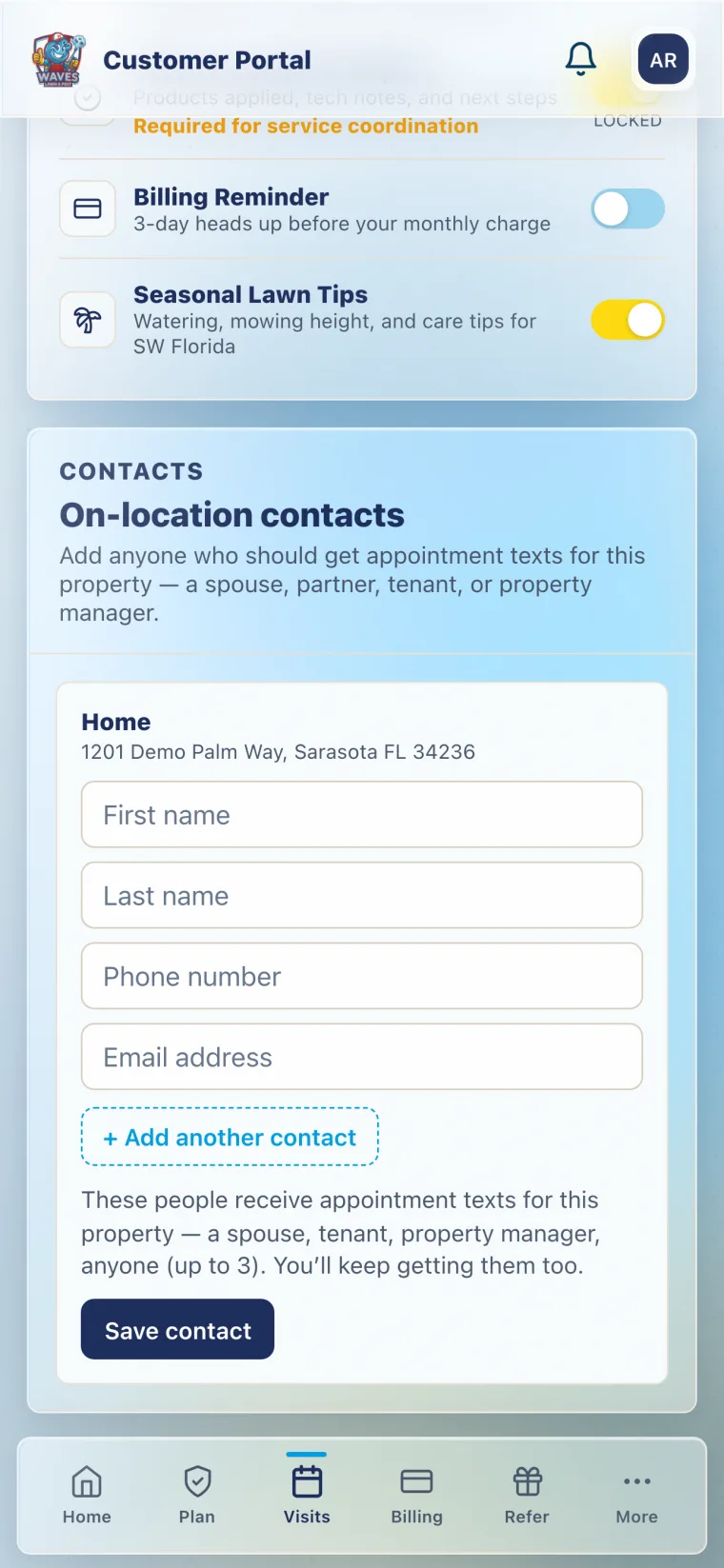 Waves app on-location contacts screen — add a spouse, tenant, or property manager to receive appointment texts