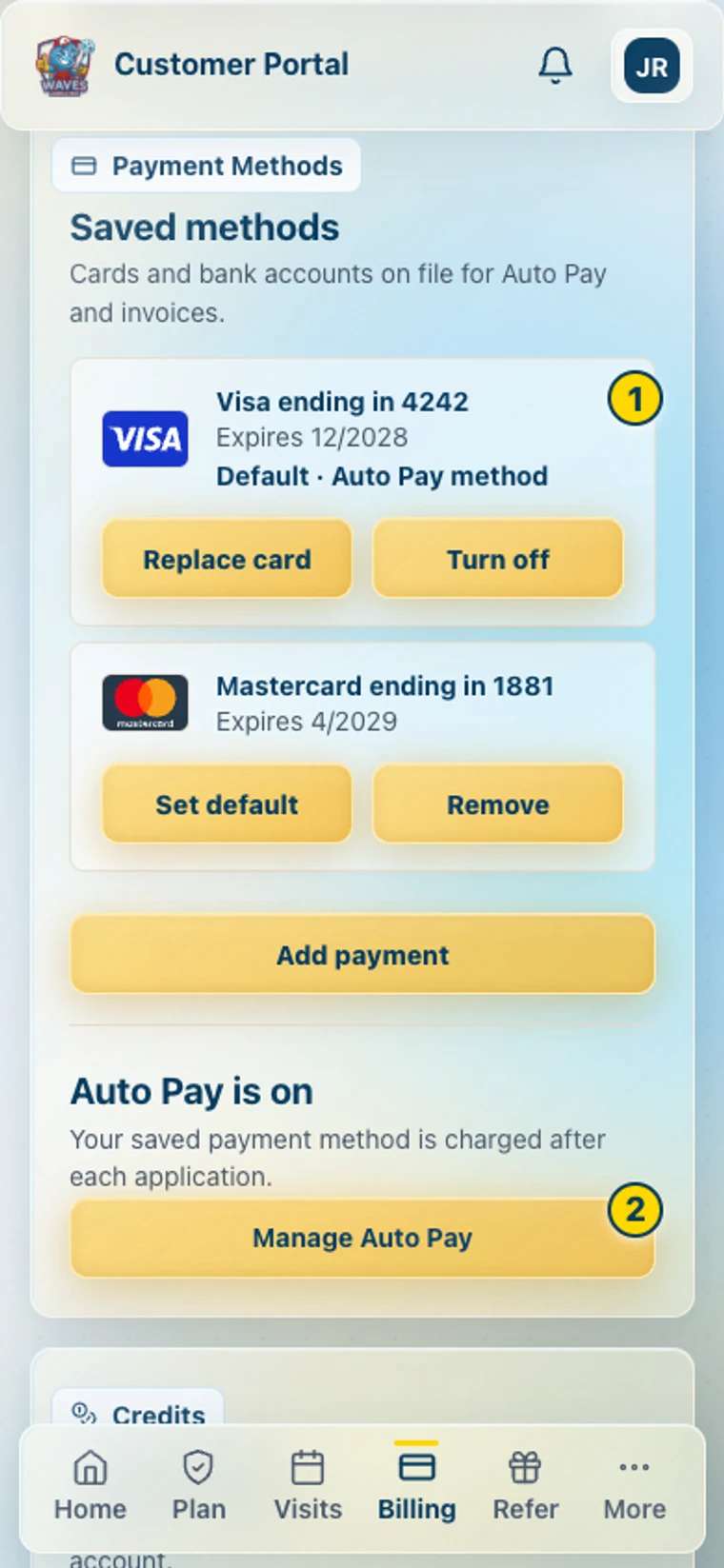 Sample Billing screen with a saved payment method and Auto Pay management marked