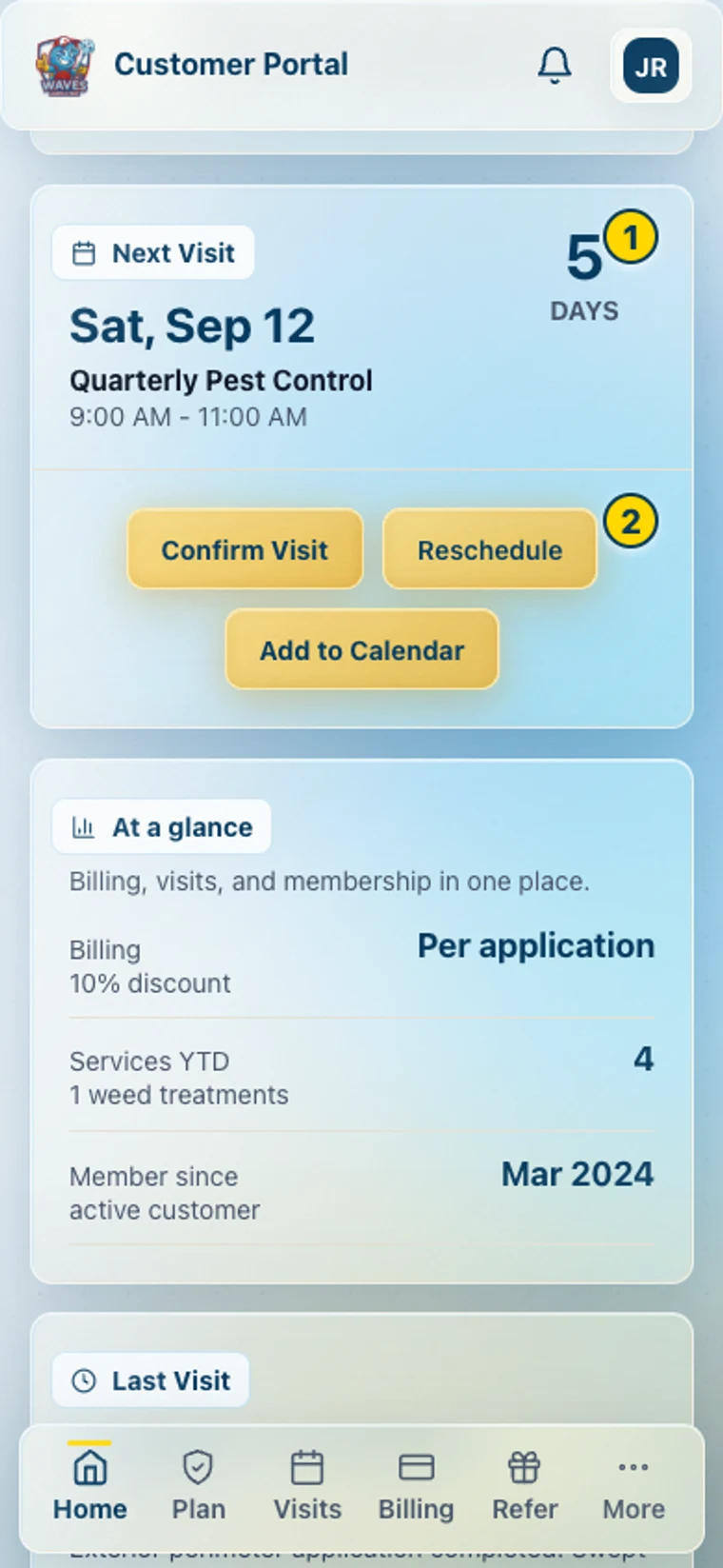Sample Home screen with the next appointment and visit actions marked