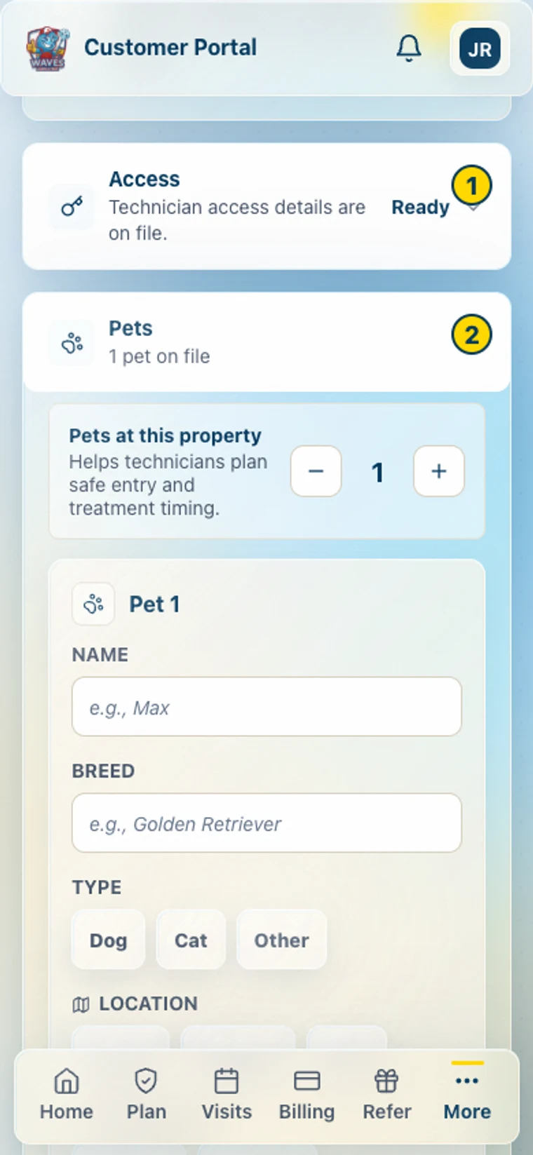 Sample My Property screen with Access and Pets sections marked