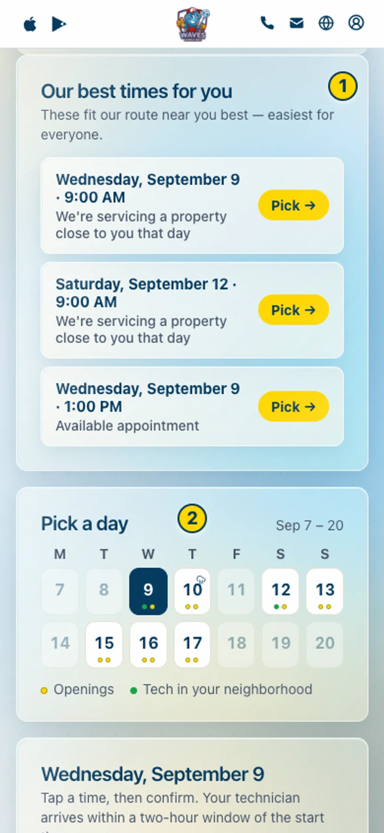 Sample reschedule picker with suggested openings and the date selection marked