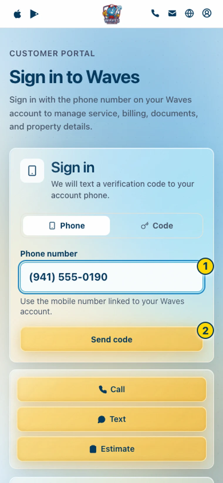 Sample Waves sign-in screen with the phone number field and Send code button marked