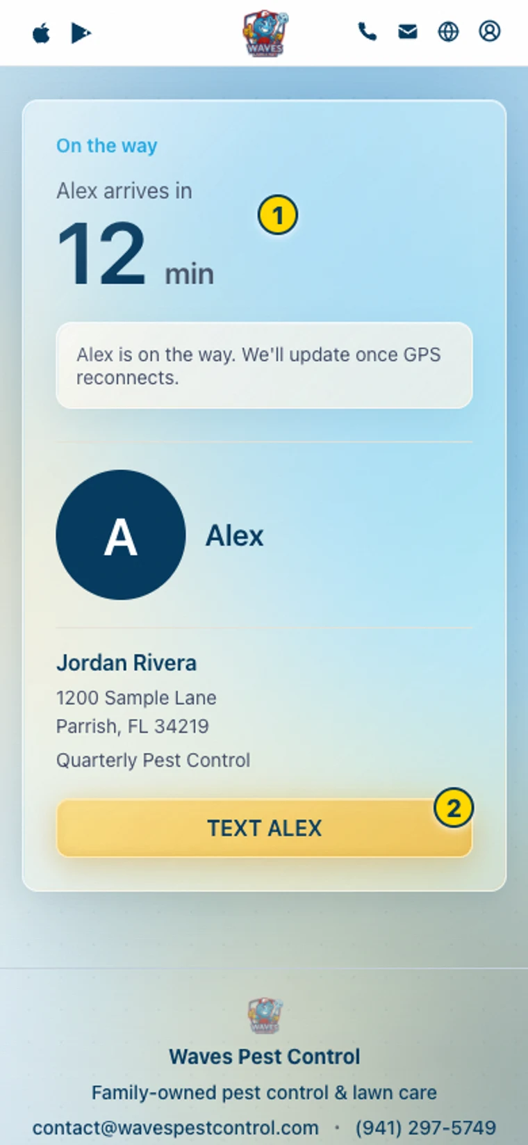 Sample tracker with an arrival countdown and Text Alex contact button marked