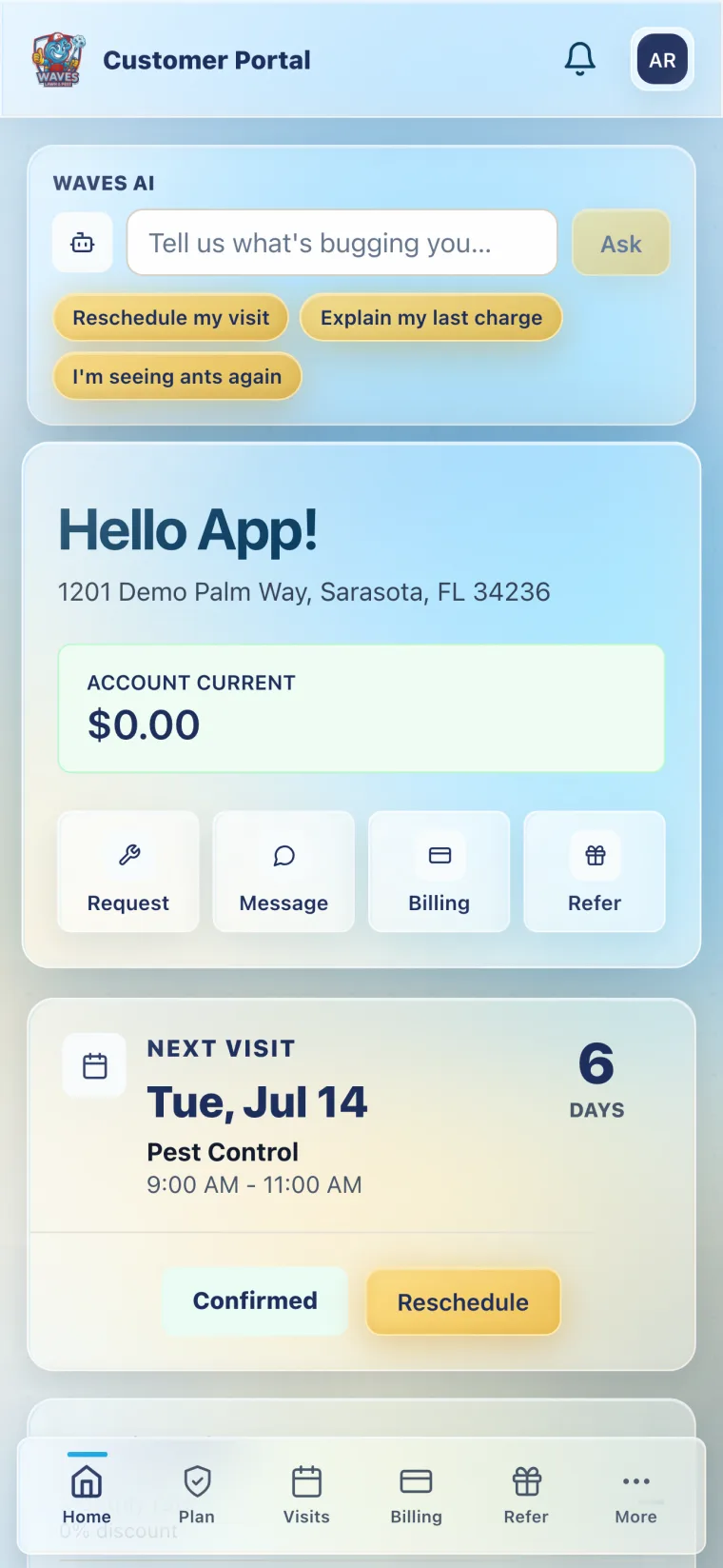 Waves app home screen showing the next scheduled visit and account status