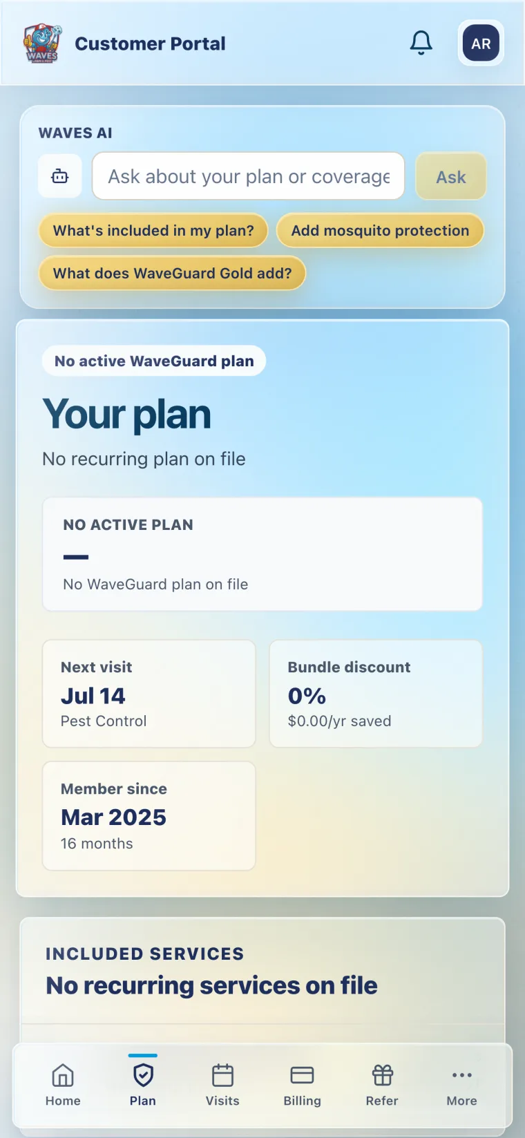 Waves app plan and account screen