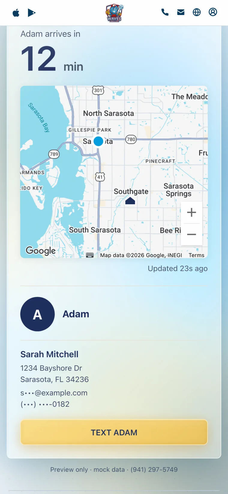 Waves app visit screen listing 'you'll hear from us' updates — including a tech-en-route live-GPS step about an hour before arrival — above the service notification settings