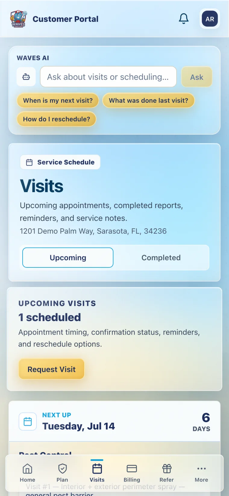 Waves app visits screen showing upcoming and past service visits