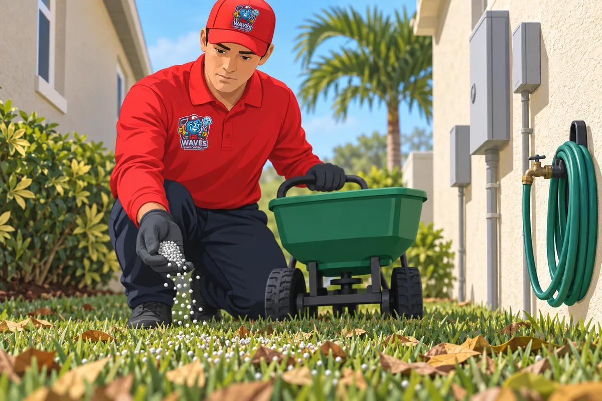 Worker in a red shirt and cap spreads granular fertilizer by hand on a lawn with a green spreader beside a house.