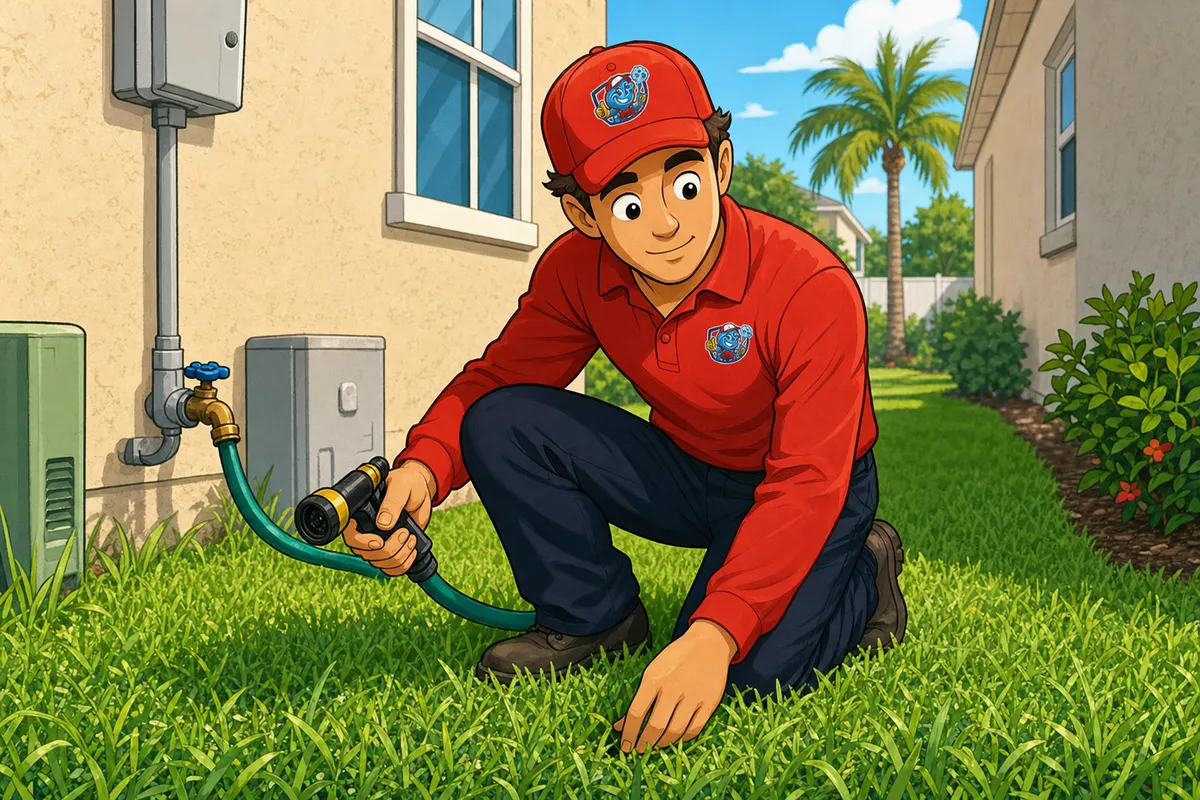 Cartoon worker in a red shirt and cap kneeling on a lawn holding a hose sprayer beside a house spigot with a palm tree behind.