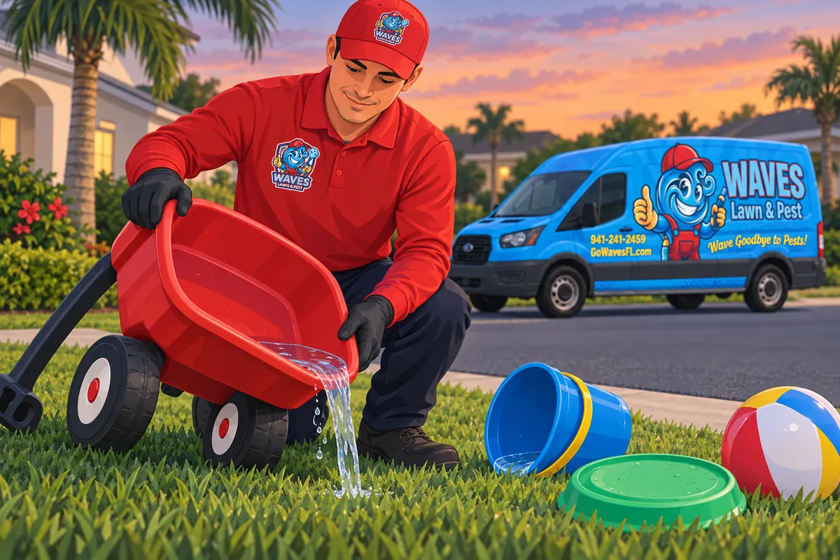 A technician in red pours water from an overturned toy wagon beside toy buckets and a ball on a lawn.