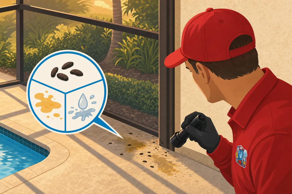 Pest control worker in red cap inspects droppings on a screened pool lanai with an inset diagram of rodent signs.