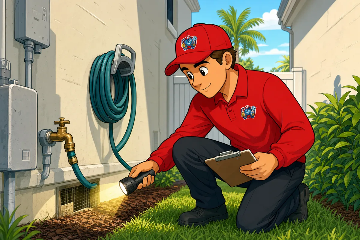 Worker in red uniform and cap kneeling with a flashlight and clipboard inspecting a home's foundation vent near an outdoor faucet.