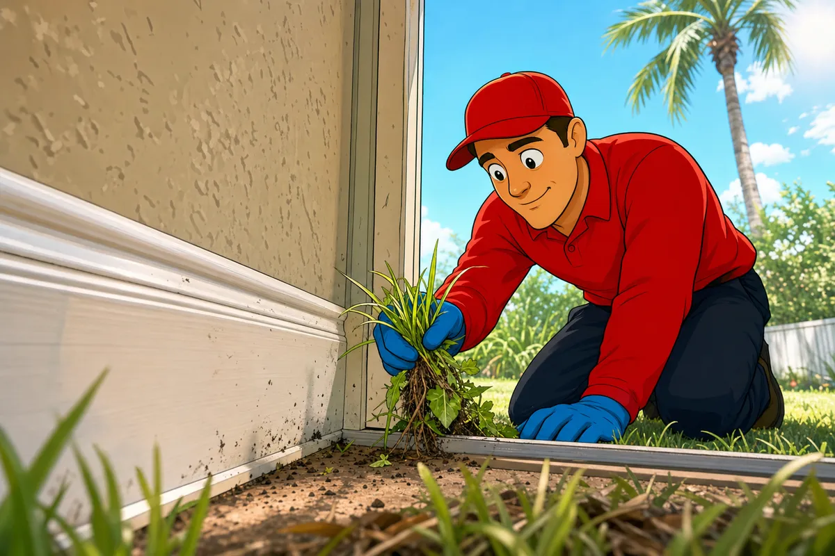 Worker in a red shirt and cap with blue gloves pulling weeds by a house exterior near a palm tree.