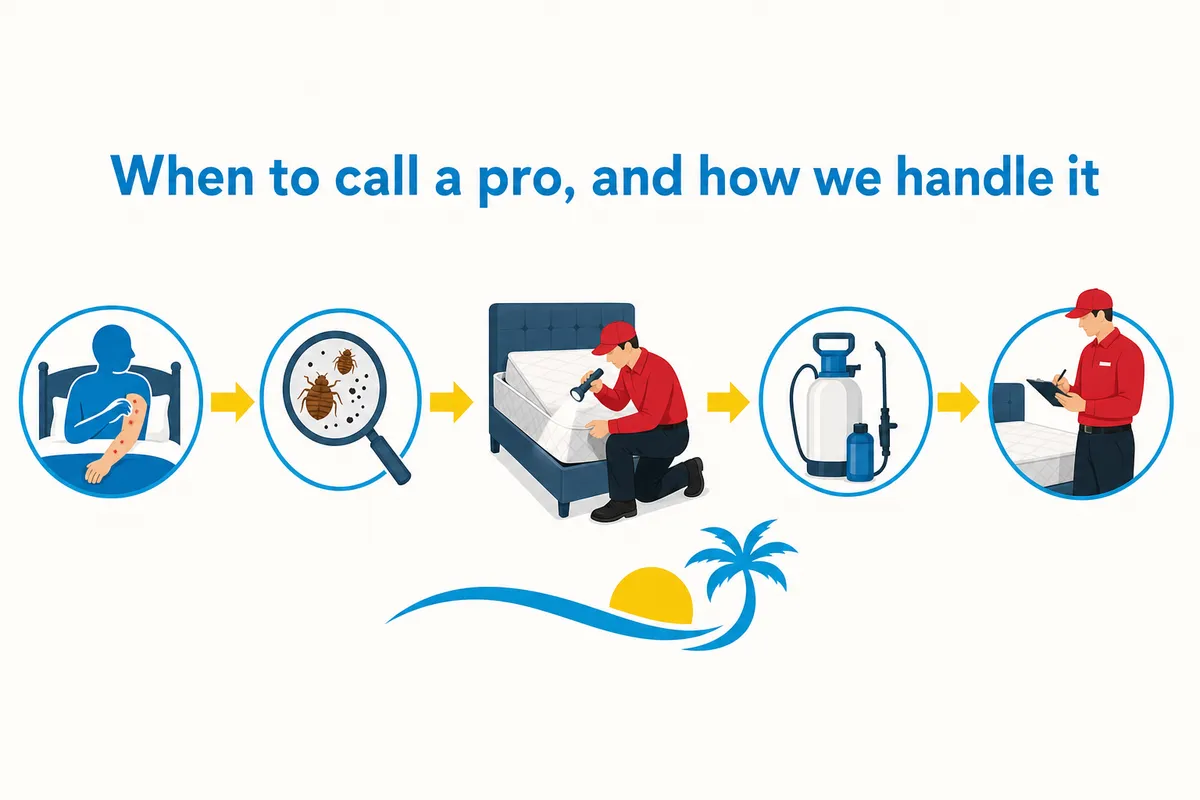 Infographic showing bite marks, magnified bugs, and a technician inspecting and treating a mattress.