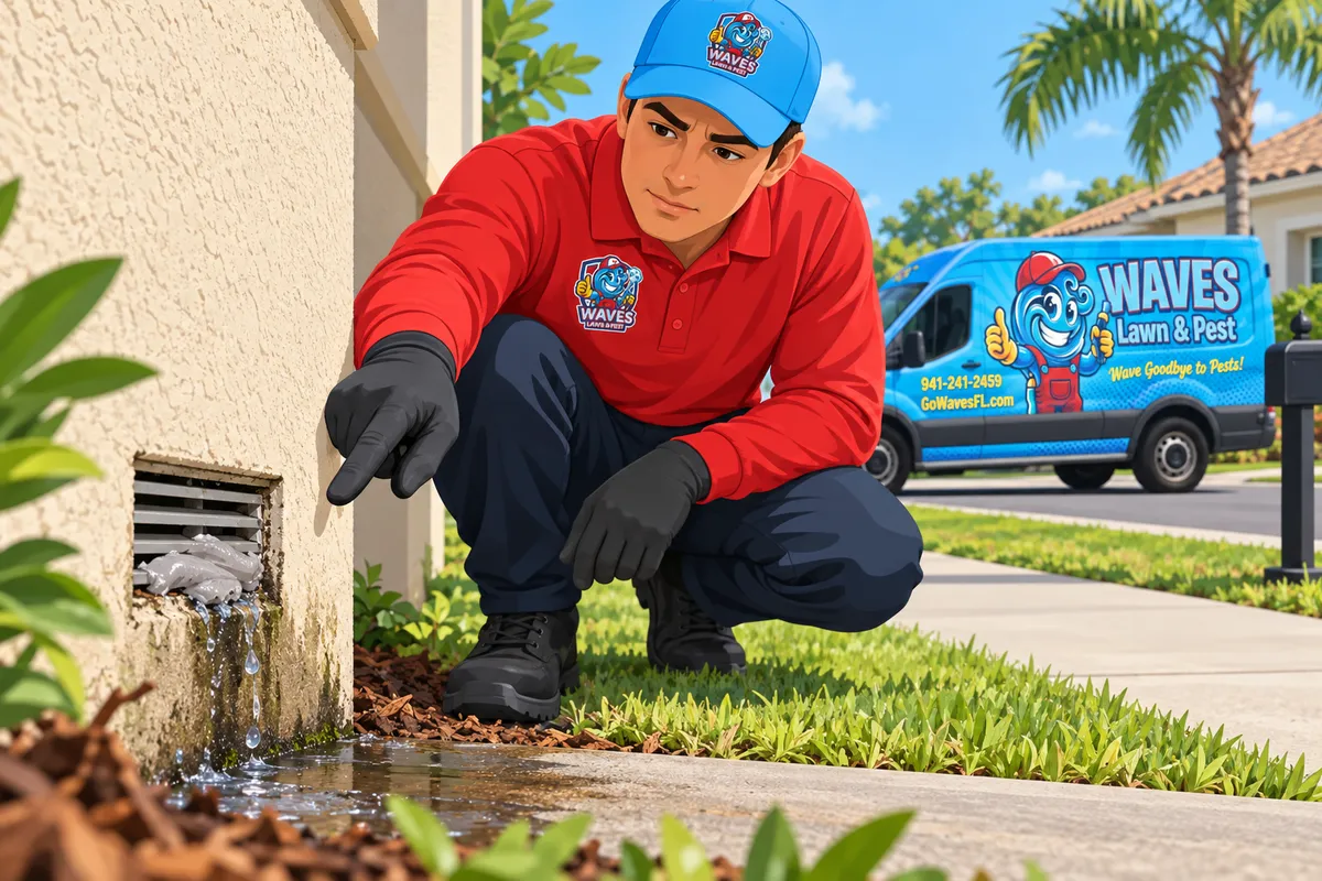 Pest control technician in a red shirt and blue cap pointing at a wall vent stuffed with material near a home.