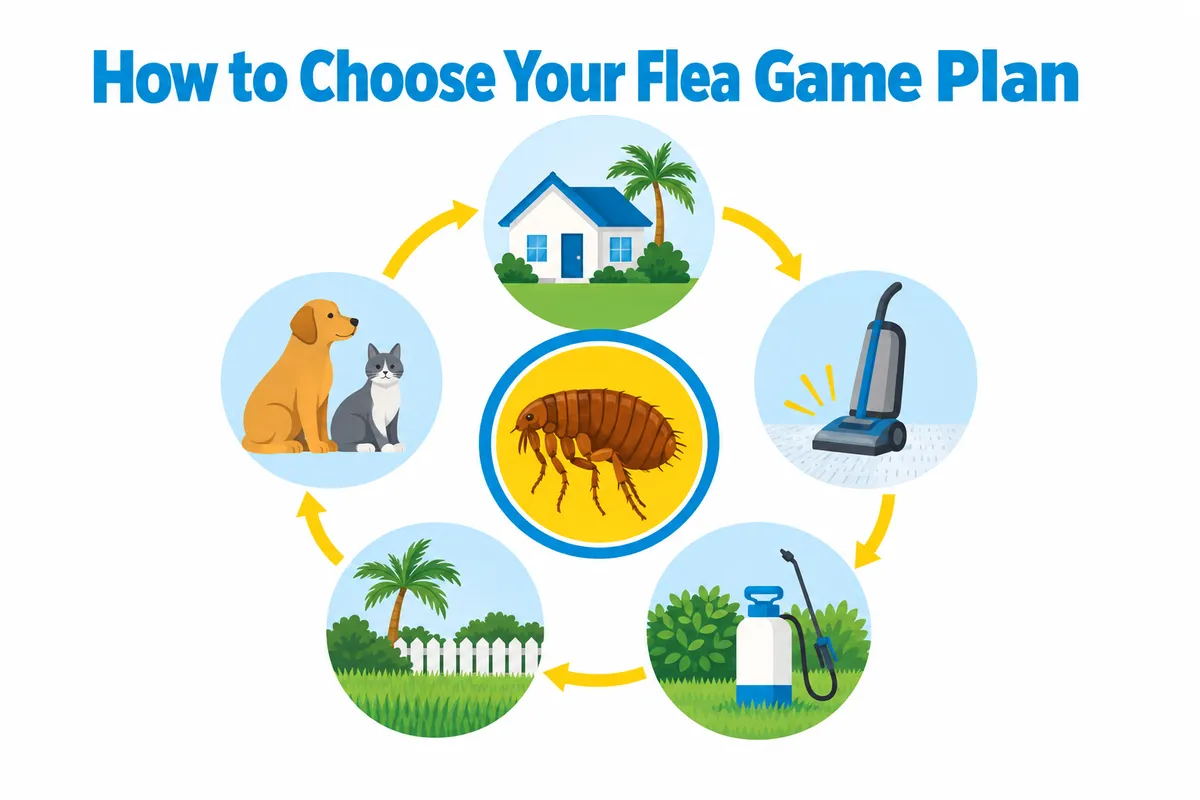 Circular flea control diagram with a flea at the center, surrounded by a house with a palm tree, a vacuum, a tank sprayer, a lawn and fence, and a dog and cat.
