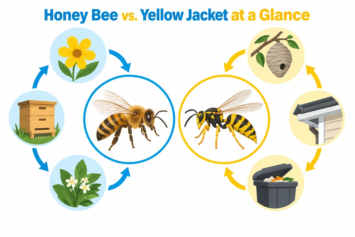 Comparison infographic of a fuzzy honey bee and a yellow jacket with their flowers, hive, nests, and trash food sources.