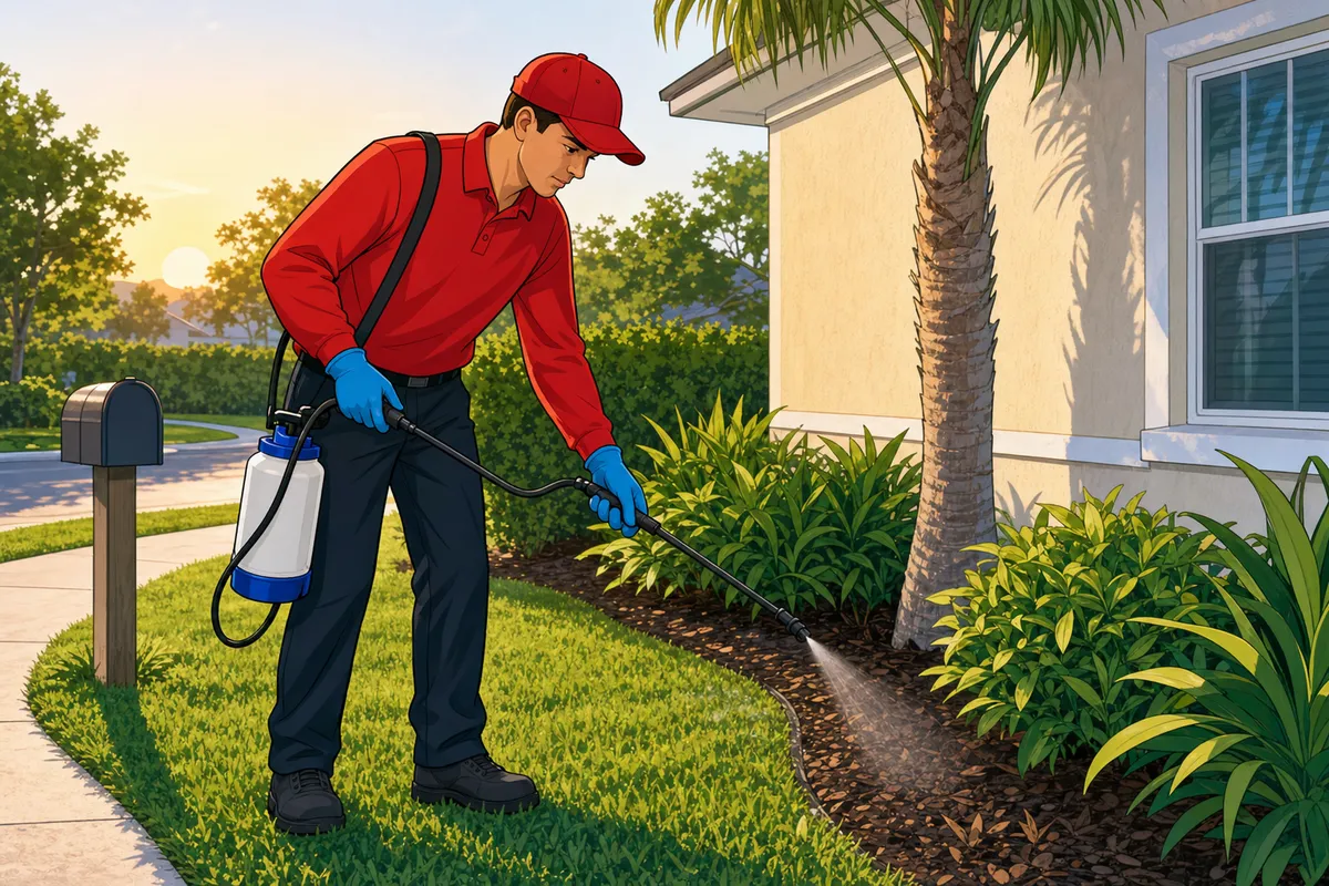 Worker in red shirt and cap using a handheld sprayer to treat mulch and shrubs beside a house.