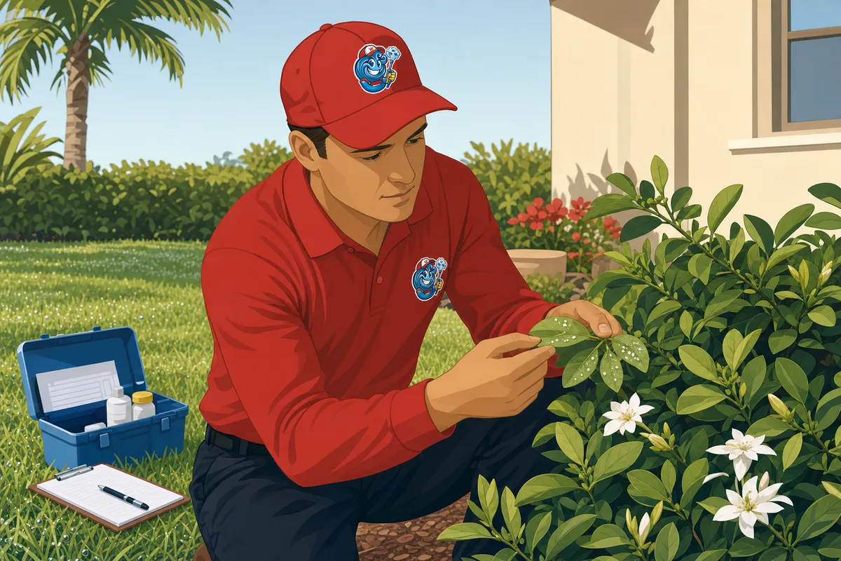 Pest control technician in a red uniform inspecting a leaf on a flowering shrub beside a home and palm trees.