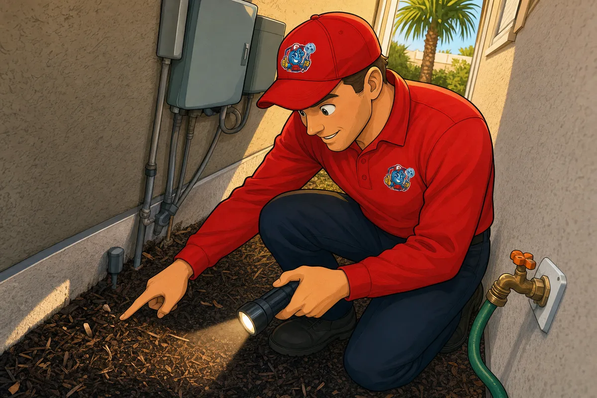 Technician in a red uniform and cap kneeling by a house wall, shining a flashlight and pointing at mulch near an outdoor spigot.