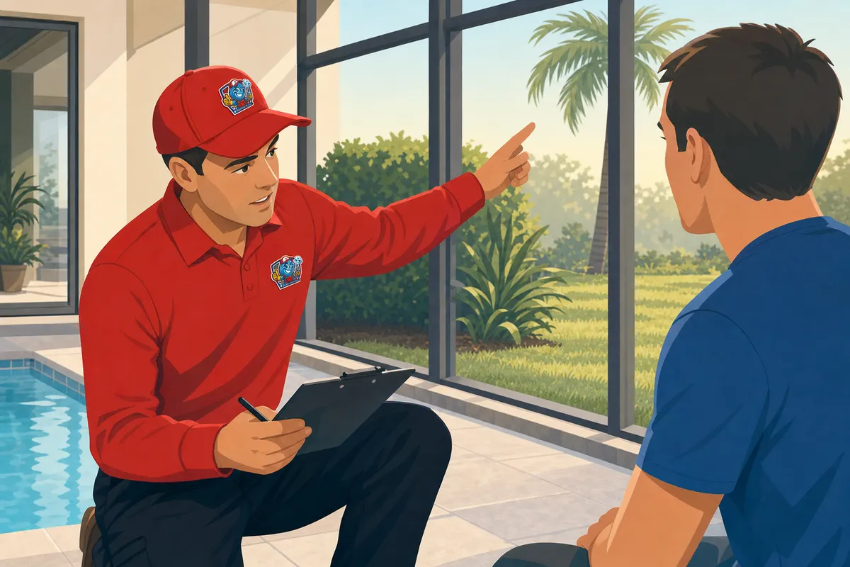 A service worker in a red uniform and cap gestures toward a lawn with palms while talking to a man by a pool.
