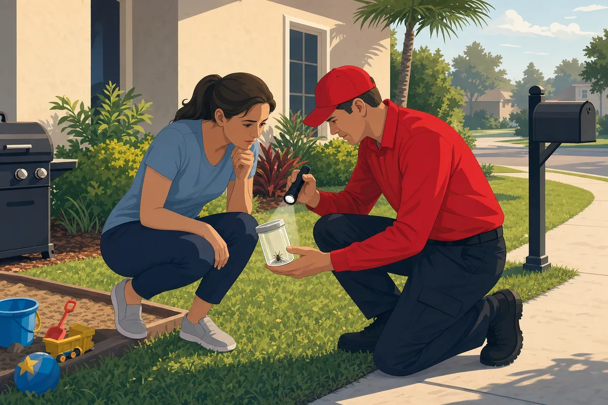 Pest control worker in a red cap shines a flashlight on a spider in a jar while a woman watches in a front yard.