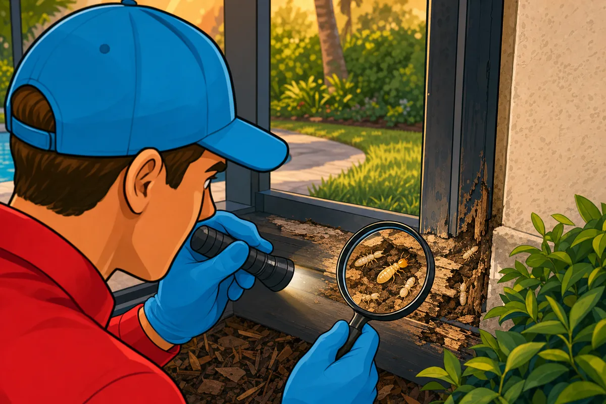 Pest control worker in a blue cap uses a flashlight and magnifying glass to inspect termites in damaged wood.