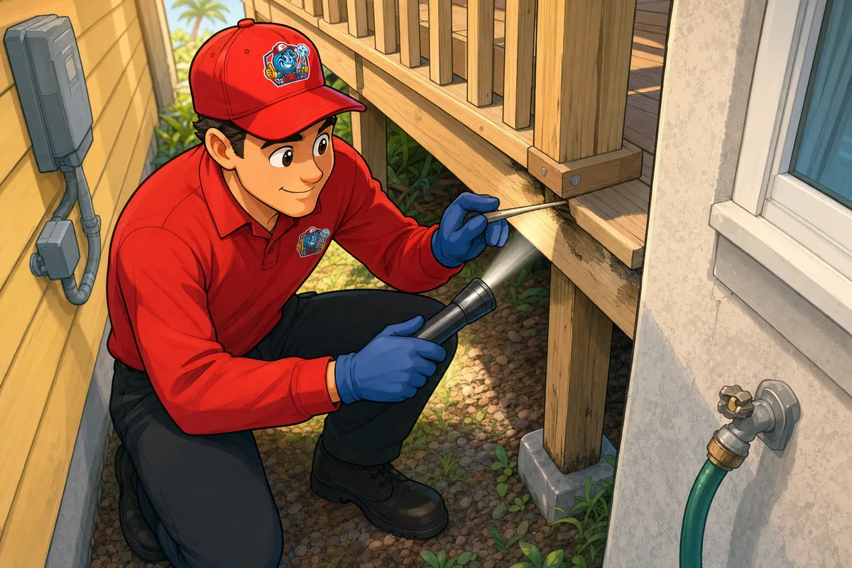 Technician in a red cap and gloves crouches beside a wooden deck post, probing the wood with a hand tool while shining a flashlight on it, near an outdoor faucet.