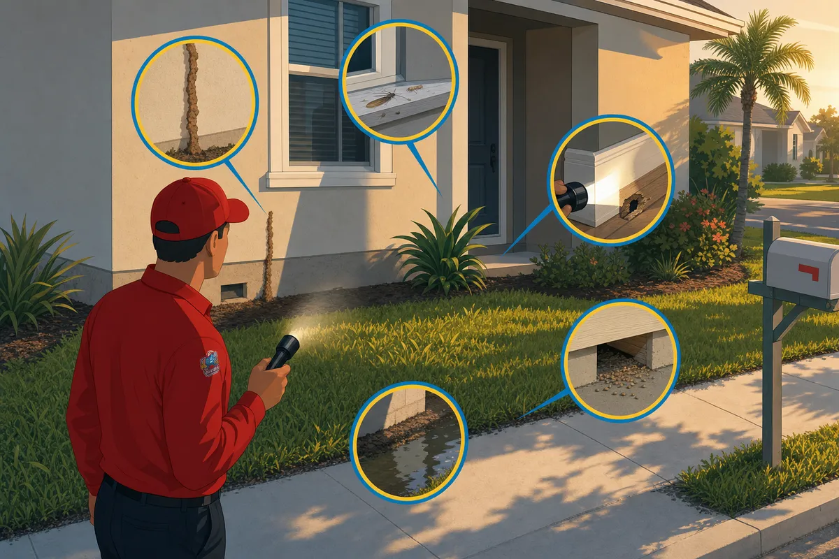 Inspector in red shirt and cap holds a flashlight examining a home exterior, with closeups of mud tubes, an insect, wood damage, and debris.